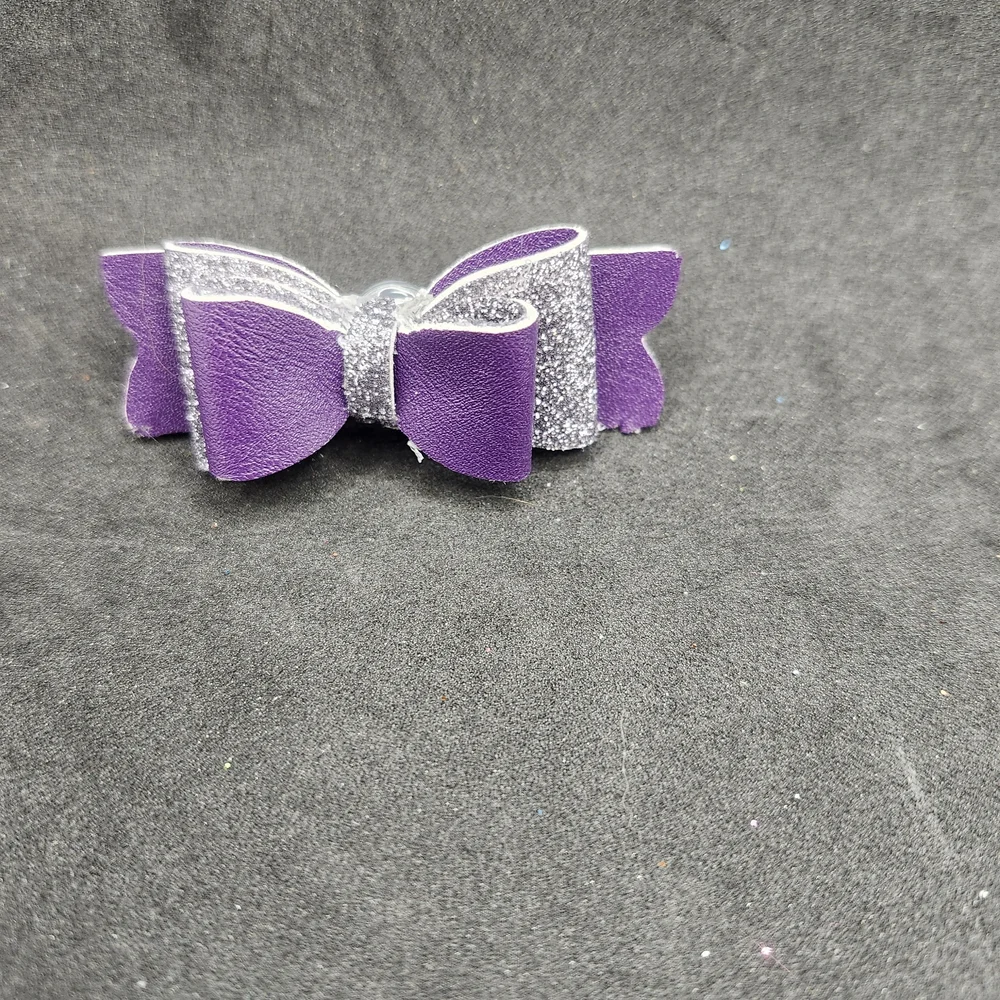 Handmade Purple & Silver Glitter Faux Leather Hair Bow Barrette Clip Girl